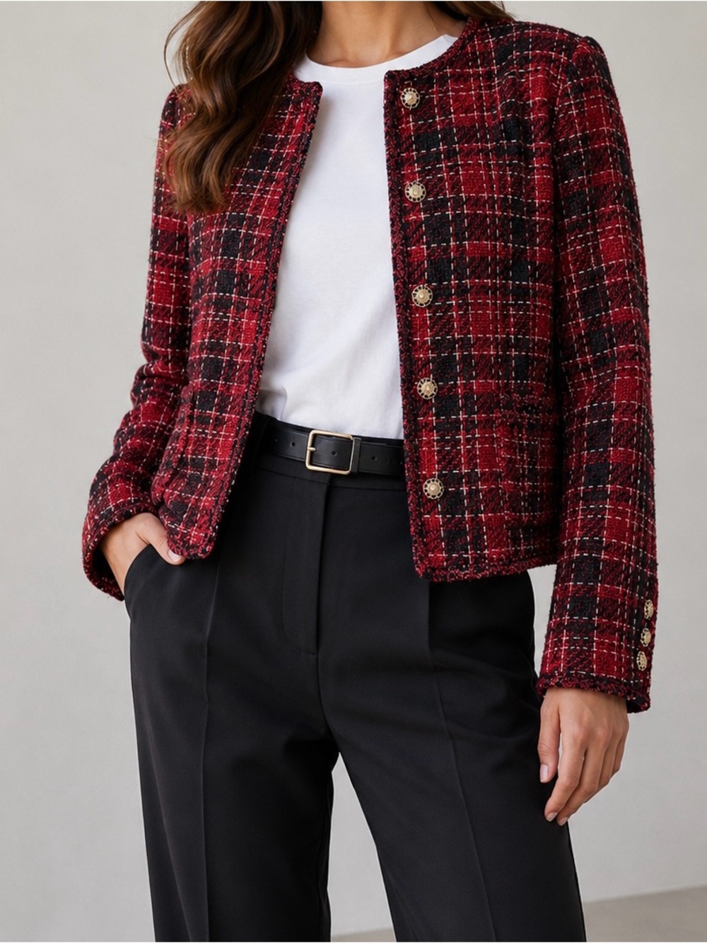 Adrianna Papell Tweed Crop Blazer Women's S Red Work Church Jacket Plaid NICE✅‎
